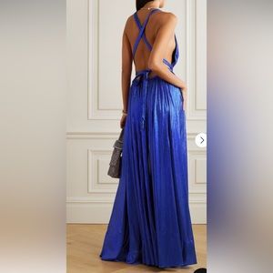 Retrofête Tova open-back draped plissé-lamé gown